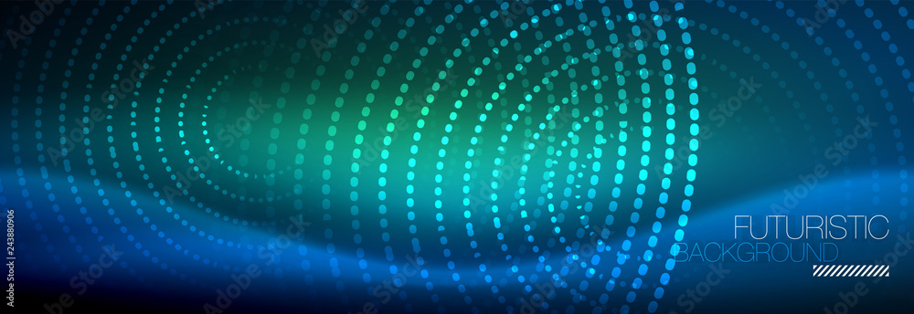 Fototapeta premium Glowing neon circle line dots, round line design, abstract style on black background. Neon abstract round circles Magic neon lights and glowing dots