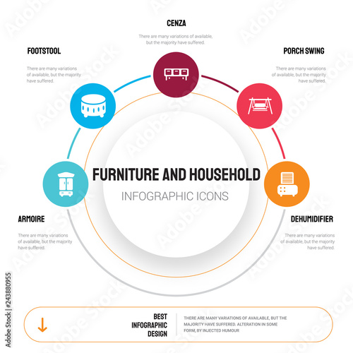 Abstract infographics of furniture and household template. armoire, footstool, cenza, porch swing icons can be used for workflow layout, diagram, business step options, banner, web design.