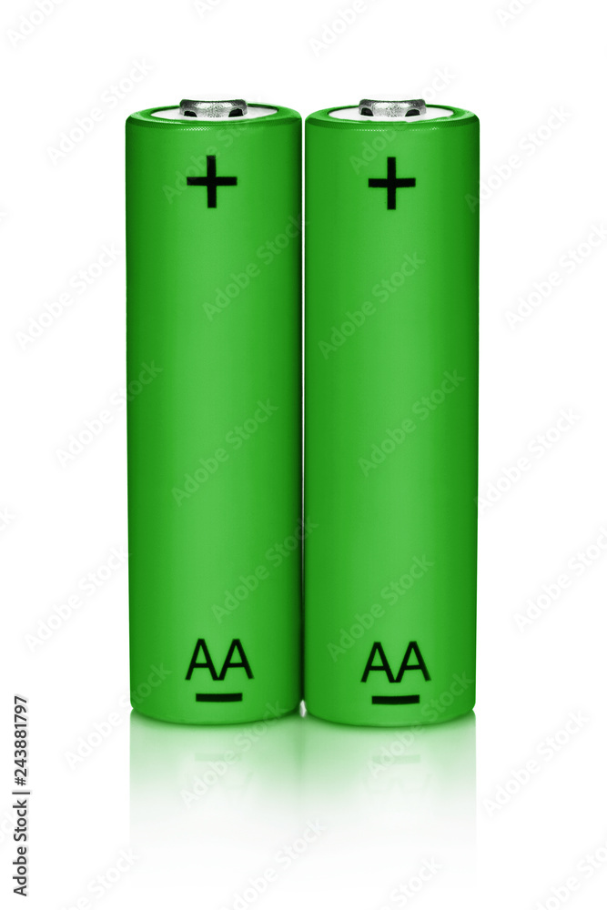 Two green AA Alkaline batteries, isolated on white background Two green AA Alkaline batteries, isolated on white background