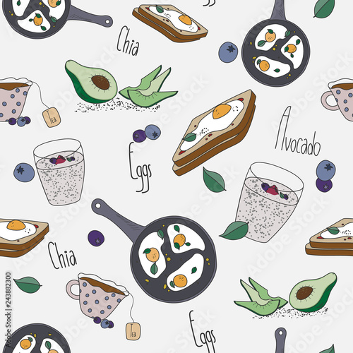 Seamless Breakfast Pattern with Fried Eggs,  Avocado, Smoothie with Chia, Cup of Tea