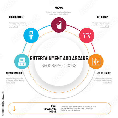 Abstract infographics of entertainment and arcade template. Arcade Machine, game, Arcade, Air hockey icons can be used for workflow layout, diagram, business step options, banner, web design.