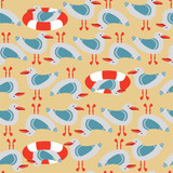 Seamless Pattern with Sea Gulls and Lifebuoys. Hand Drawn, Doodle Graphic Design with Birds. Wrapping paper, wallpaper, backdrop.