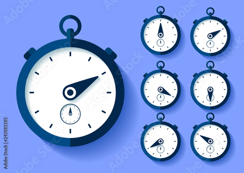 Stopwatch icon set in flat style, round timer on color background. Sport clock. Time tool. Vector design element for you business project