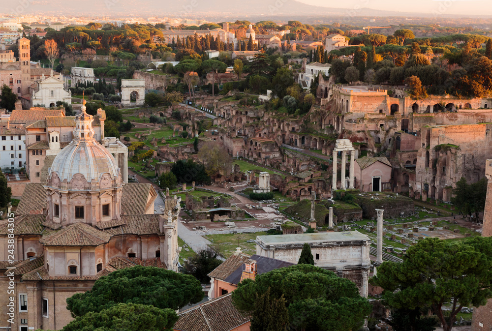 View of the Forums in Rome in the evening, Italy