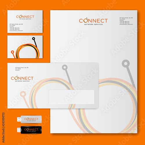Connect logo and corporate style. Optical fiber loops from multicolor lines. Identity.  Mockups of envelope, letterhead, business card.