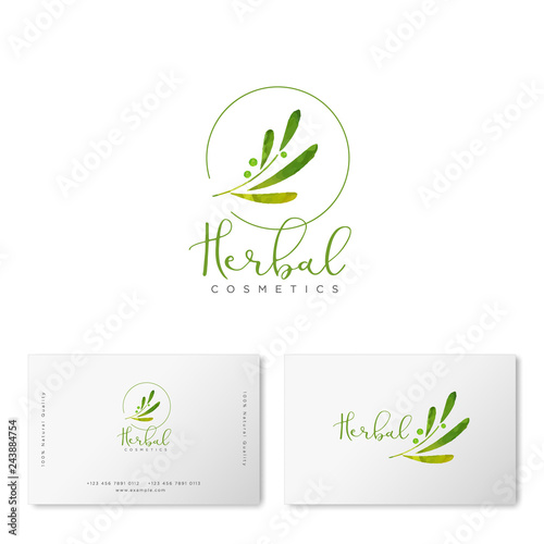 Herbal  cosmetics logo. Green leaves and lettering. Identity. Business card.