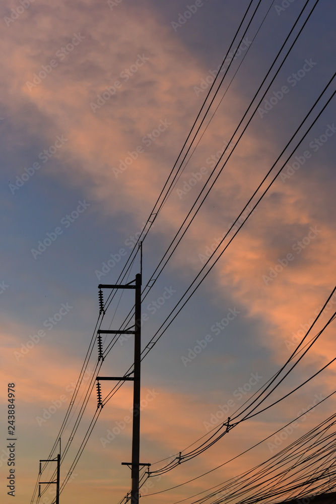 pylon electricity power line with sunset sky background pylon electricity power line with sunset sky background
