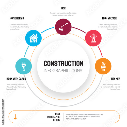 Abstract infographics of construction template. hook with cargo, home repair, Hoe, High voltage, Hex key icons can be used for workflow layout, diagram, business step options, banner, web design.