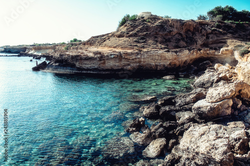 Sea caves near Cape Greko. Mediterranean Sea