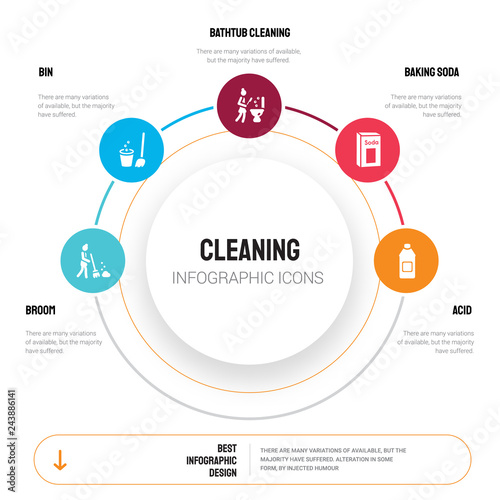 Abstract infographics of cleaning template. Broom, Bin, Bathtub cleaning, baking soda, Acid icons can be used for workflow layout, diagram, business step options, banner, web design.