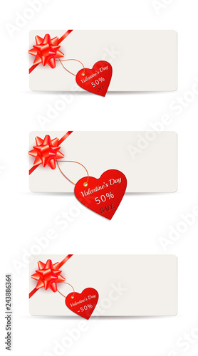 Set of paper cards for Valentines day with red gift bows and offer price tag or label isolated on white background