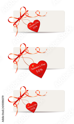 Set of paper cards for Valentines day with red gift bows and sale price label or tags isolated on white background