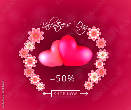 Valentines day discount offer in form of heart from paper-cut flowers on pink background
