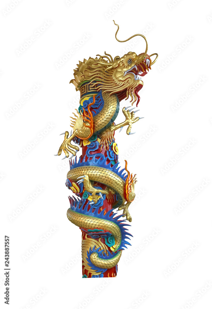 Golden Chinese Dragon Wrapped around red pole on white background Golden Chinese Dragon Wrapped around red pole on white background