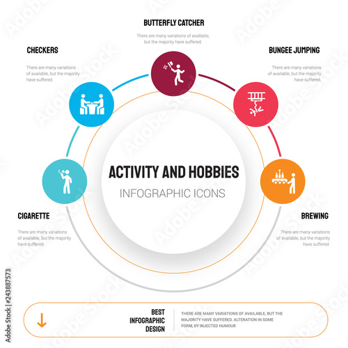 Abstract infographics of activity and hobbies template. Cigarette, Checkers, Butterfly catcher icons can be used for workflow layout, diagram, business step options, banner, web design.