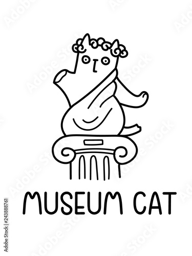 A Cartoon Vector Drawing Of A Damaged Old Ancient Statue Of Cat In Drapes, Standing On An Antique Column