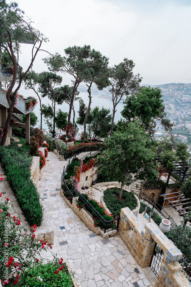 Fototapeta premium overview of Harissa maronite sanctuary, Lebanon with Beirut and mediterranean sea in background