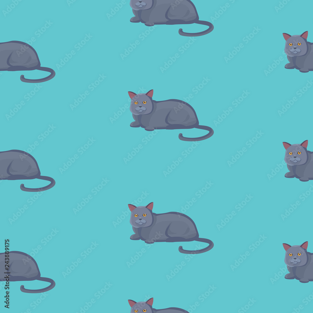Vector cat seamless pattern. Cute black kitten in cartoon style