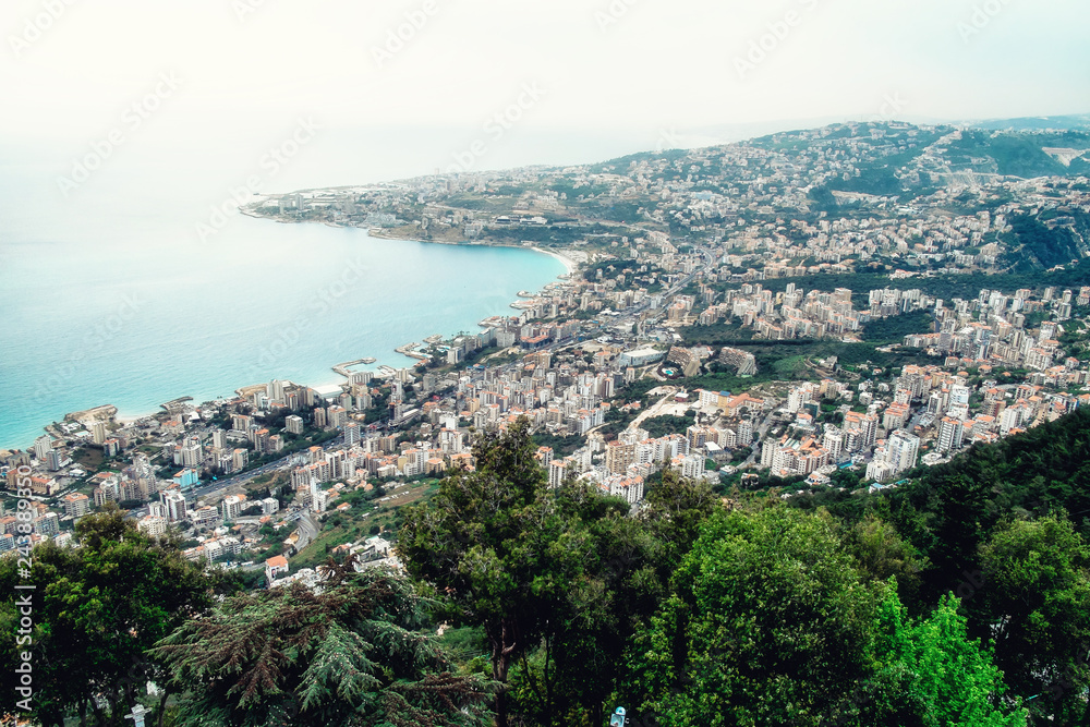 overview of Harissa maronite sanctuary, Lebanon with Beirut and mediterranean sea in background