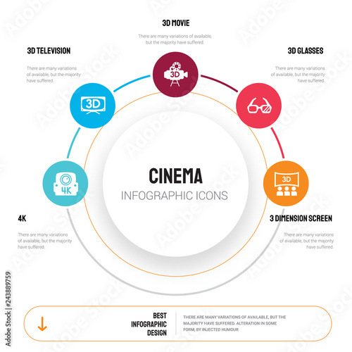 Abstract infographics of cinema template. 4k, 3D Television, Movie, 3d glasses, 3 dimension screen icons can be used for workflow layout, diagram, business step options, banner, web design.