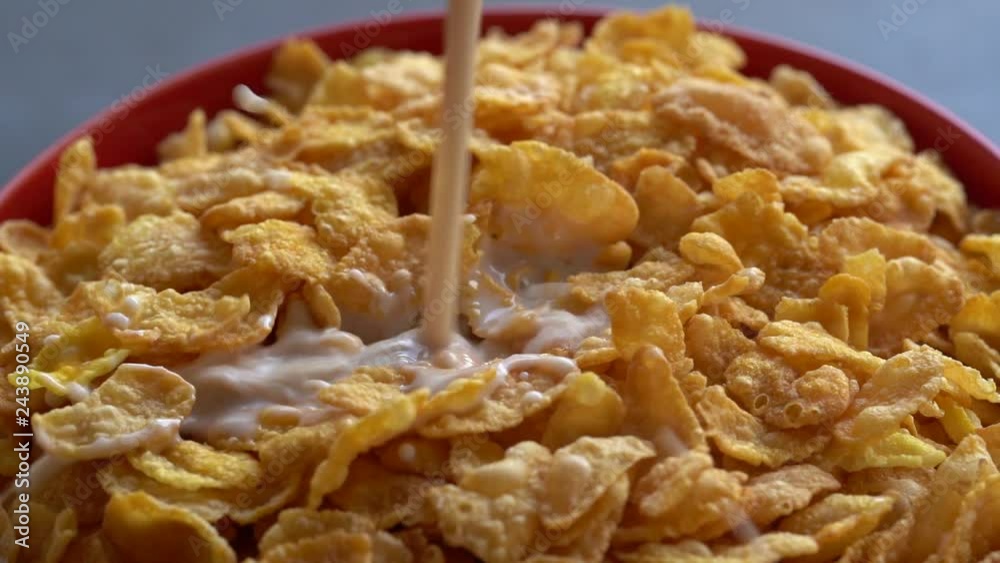Almond milk pouring into a red bowl of cereal cornflakes, close up slow motion video. Corn flakes and almond milk splashing. Morning breakfast food, favorite breakfast of children Almond milk pouring into a red bowl of cereal cornflakes, close up slow motion video. Corn flakes and almond milk splashing. Morning breakfast food, favorite breakfast of children