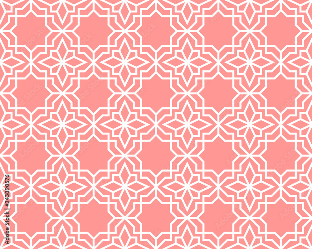 Abstract geometry pattern in Arabian style. Seamless vector background. White and pink graphic ornament. Simple lattice graphic design