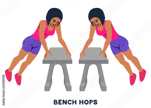 Bench hops. Box jumps. Bench jump over. Sport exersice. Silhouettes of woman doing exercise. Workout, training.