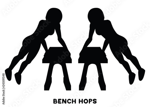 Bench hops. Box jumps. Bench jump over. Sport exersice. Silhouettes of woman doing exercise. Workout, training.