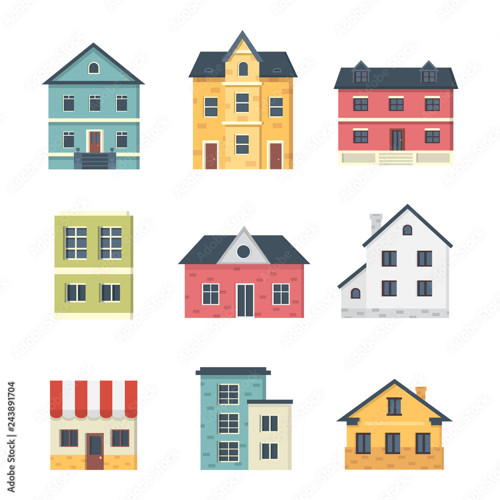 Collection of suburban private houses. House exterior. Vector urban building icons set.