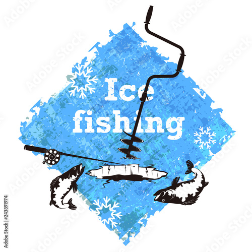 Winter fishing pole and ice auger silhouette