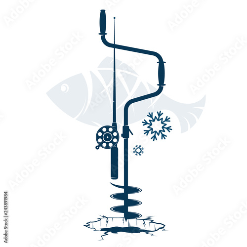 Winter fishing rod and bore silhouette