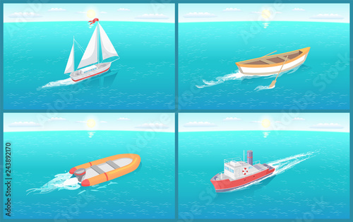 Water Transport and Wooden Rowing Boat Vector