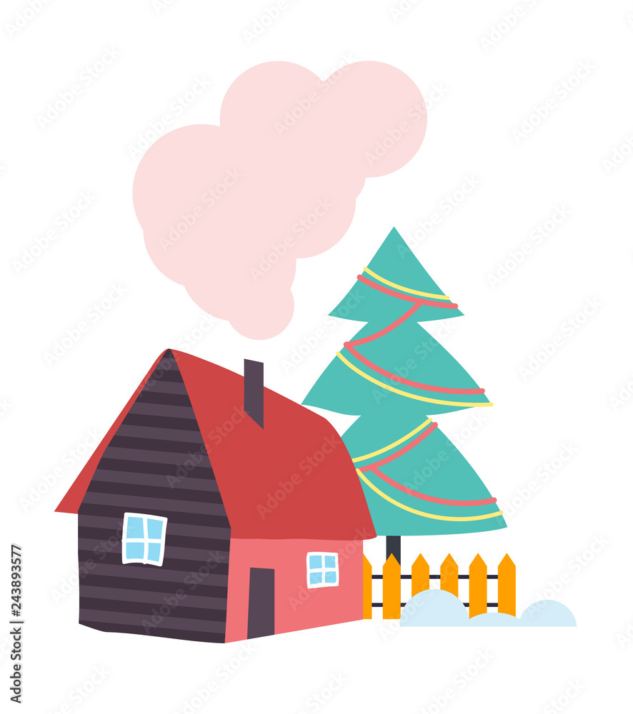 Country House with Chimney, Wooden Fence Vector