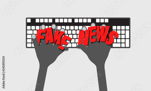 Keyboard and hands with topic of fake news. Vector concept illustration for printed materials, website, promotional materials.