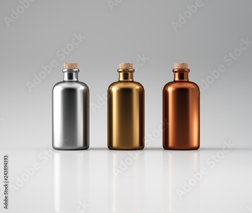 Three metallic bottles