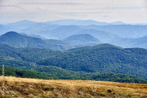Fototapeta Naklejka Na Ścianę i Meble -  Beautiful panoramic view of the Bieszczady mountains in the early autumn, Bieszczady National Park (Polish: Bieszczadzki Park Narodowy), Poland.