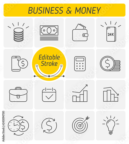 The money and business outline icon set. The stack of dollar coins, gold 24k, upward and downward graph, online banking, briefcase and banknote symbols. Thin linear vector icons with editable strokes.