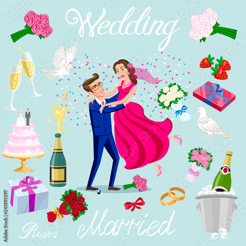 set vector wedding just married couple with hearts avatars characters. roses flowers champagne cake newlyweds pigeons gifts rings strawberry bow ice bubbles
