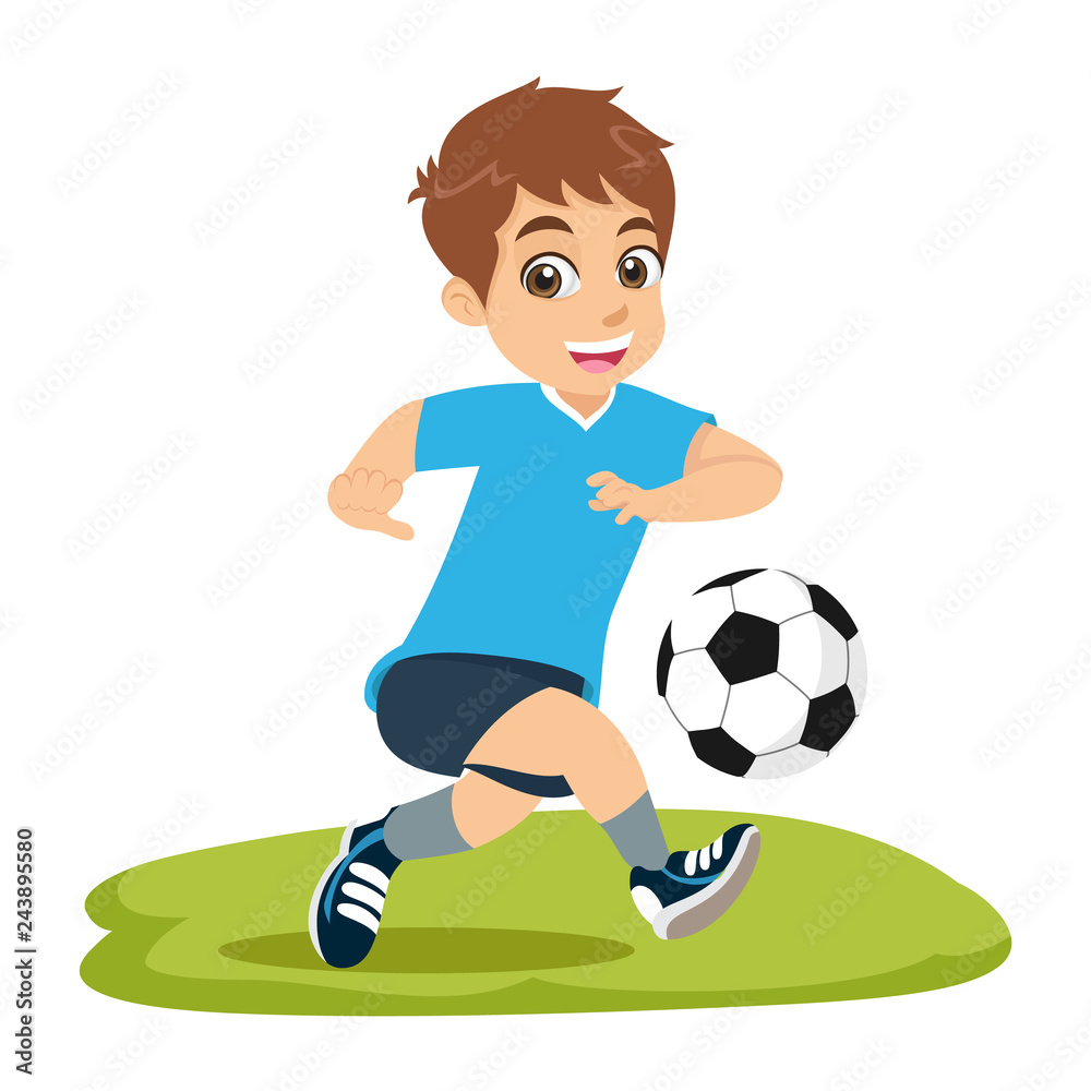 Cute cartoon little boy playing football or soccer isolated on white background