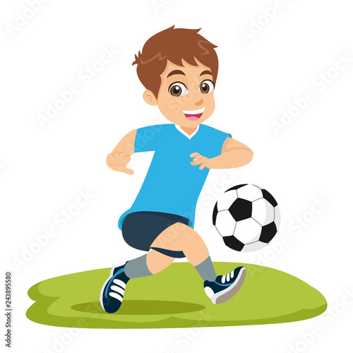 Cute cartoon little boy playing football or soccer isolated on white background