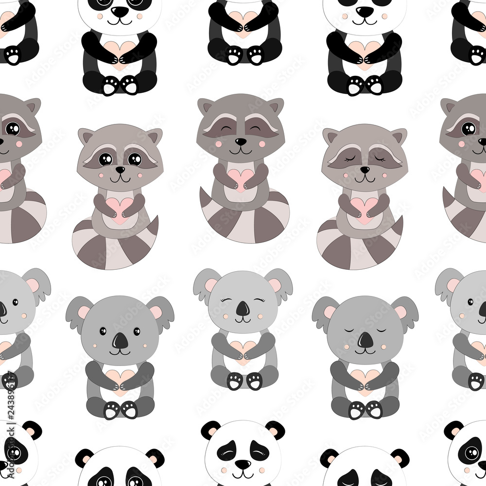 Fototapeta premium Raccoon, Koala and Panda Seamless Vector Pattern.Vector background