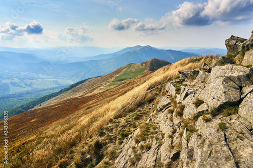 Fototapeta Naklejka Na Ścianę i Meble -  Beautiful panoramic view of the Bieszczady mountains in the early autumn, Bieszczady National Park (Polish: Bieszczadzki Park Narodowy), Poland.