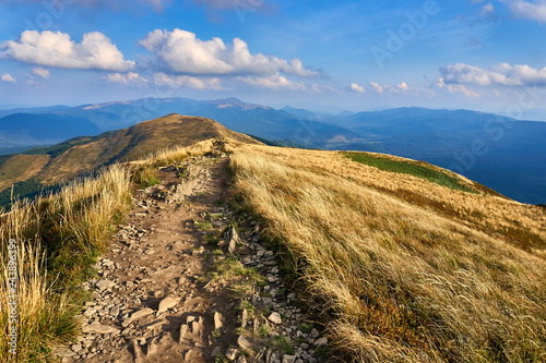 Fototapeta Naklejka Na Ścianę i Meble -  Beautiful panoramic view of the Bieszczady mountains in the early autumn, Bieszczady National Park (Polish: Bieszczadzki Park Narodowy), Poland.