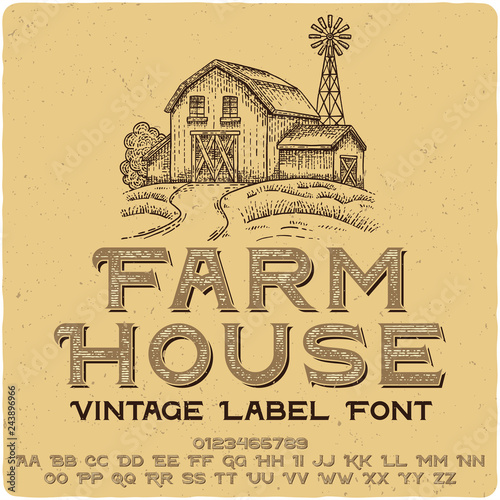 Vintage label typeface named Farm House. Wide original logo font. Capital and small letters with numbers.