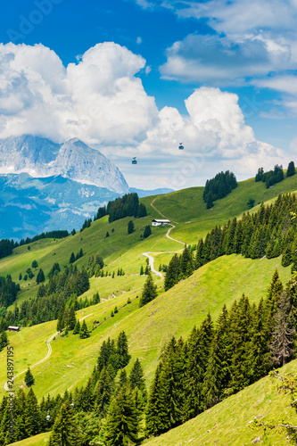 View from Kitzbuheler Horn in Kitzbuhel, Austria. The Cable cars can just be seen in the distance photo