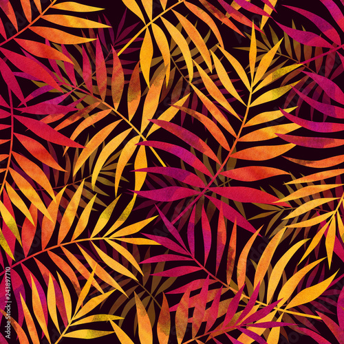 Seamless pattern with bright tropical palm leaves. Stylish illustration. Background for textile and fabric.