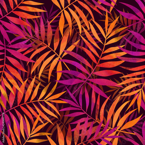 Seamless pattern with bright tropical palm leaves on black background. Stylish illustration. Background for textile and fabric.