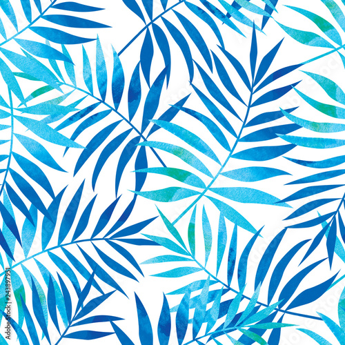 Seamless pattern with blue and turquoise tropical palm leaves. Stylish illustration. Background for textile and fabric.