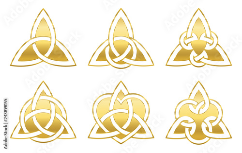 Golden celtic triangle knots. Six golden symbols used for decoration or golden pendants. Varieties of endless basket weave knots.
