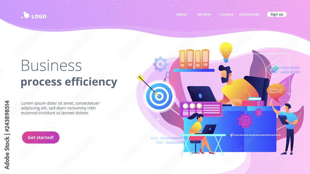 Business team and work process steps from idea to target. Business workflow, business process efficiency, working activity pattern concept. Website vibrant violet landing web page template.